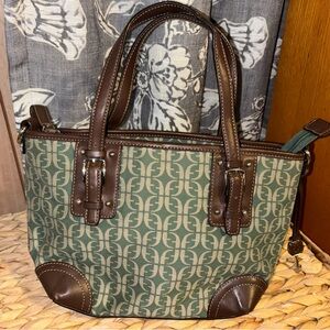 Vintage Fossil Green Patterned Tote with Brown Leather Trim